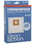 Förpackning med 5 Clean Action dammsugarpåsar och 1 filter, passar AEG, Daewoo, Ideline, Melissa och Wasco Clean. Rektangulära vita påsar med kartongfäste.