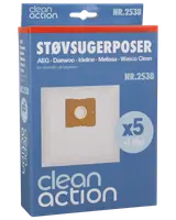 Pakke med 5 Clean Action støvsugerposer og 1 filter, passer til AEG, Daewoo, Ideline, Melissa og Wasco Clean. Rektangulære hvide poser med papmontering.