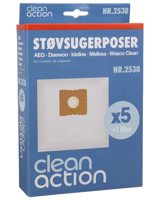 Förpackning med 5 Clean Action dammsugarpåsar och 1 filter, passar AEG, Daewoo, Ideline, Melissa och Wasco Clean. Rektangulära vita påsar med kartongfäste.
