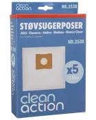 Pakke med 5 Clean Action støvsugerposer og 1 filter, passer til AEG, Daewoo, Ideline, Melissa og Wasco Clean. Rektangulære hvide poser med papmontering.