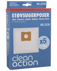 Förpackning med 5 Clean Action dammsugarpåsar och 1 filter, passar AEG, Daewoo, Ideline, Melissa och Wasco Clean. Rektangulära vita påsar med kartongfäste.