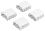 Sæt med fire hvide plastikforbindelser til LED-lysbånd, kompakte og rektangulære med snap-on design, ideelle til at forbinde eller forlænge Philips Hue lysbånd nemt og sikkert.