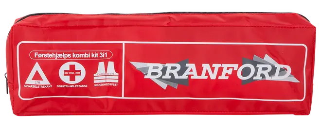Röd rektangulär första hjälpen-väska med vita säkerhetssymboler och BRANFORD-logotyp.