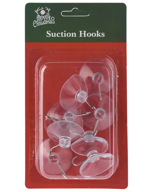 Förpackning med genomskinliga sugproppar med metallkrokar, lämpliga för att hänga dekorationer. Förpackade på ett rött och grönt kort med texten 'Merry Christmas Suction Hooks.'