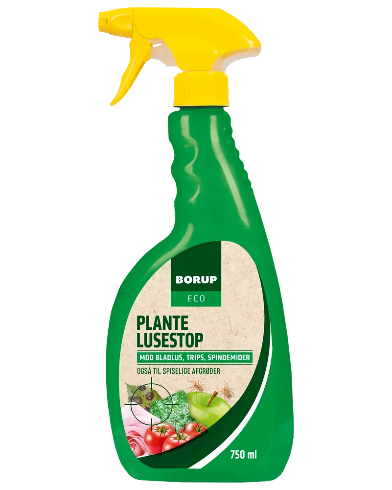 Grøn 750 ml sprayflaske med gul sprayhoved, mærket 'Borup Eco Plante LuseStop.' Til bekæmpelse af skadedyr på planter, også til spiselige afgrøder. Billeder af grøntsager og insekter på etiketten.