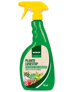 Grøn 750 ml sprayflaske med gul sprayhoved, mærket 'Borup Eco Plante LuseStop.' Til bekæmpelse af skadedyr på planter, også til spiselige afgrøder. Billeder af grøntsager og insekter på etiketten.