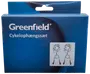 Blå æske med Greenfield cykelophængssæt, indeholder to metalophæng med røde ender til ophængning af cykler, vist på produktillustrationen på forsiden af pakken.