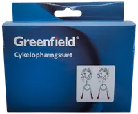 Blå æske med Greenfield cykelophængssæt, indeholder to metalophæng med røde ender til ophængning af cykler, vist på produktillustrationen på forsiden af pakken.