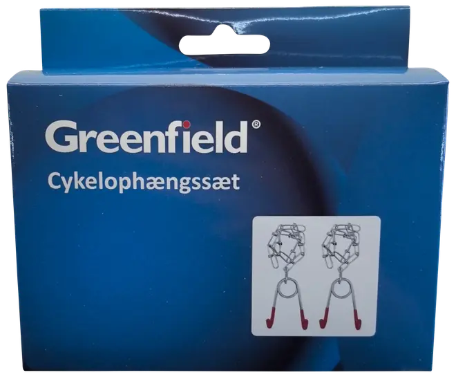 Blå æske med Greenfield cykelophængssæt, indeholder to metalophæng med røde ender til ophængning af cykler, vist på produktillustrationen på forsiden af pakken.