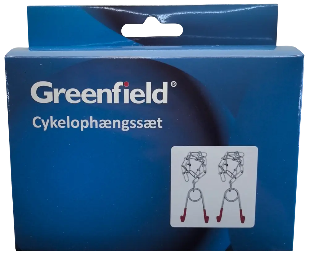 Blå æske med Greenfield cykelophængssæt, indeholder to metalophæng med røde ender til ophængning af cykler, vist på produktillustrationen på forsiden af pakken.