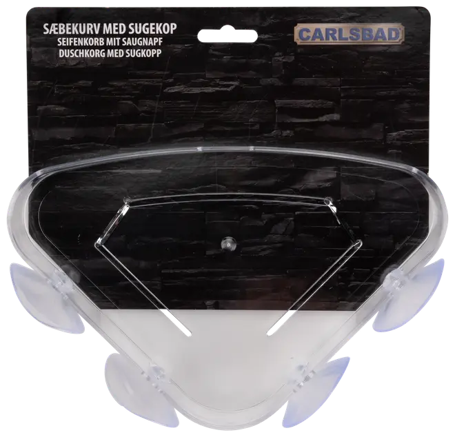 Gennemsigtig trekantet sæbekurv i plast med fire sugekopper til vægmontering. Velegnet til opbevaring af sæbe eller små toiletartikler. Mærke: Carlsbad.
