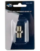 Messingnippel med to udvendige 1/4" gevind, egnet til luftværktøj eller kompressorer. Leveres i klar blisterpakning på Mitsutomo Air-kort.