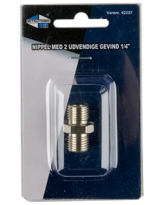 Messingnippel med to udvendige 1/4" gevind, egnet til luftværktøj eller kompressorer. Leveres i klar blisterpakning på Mitsutomo Air-kort.