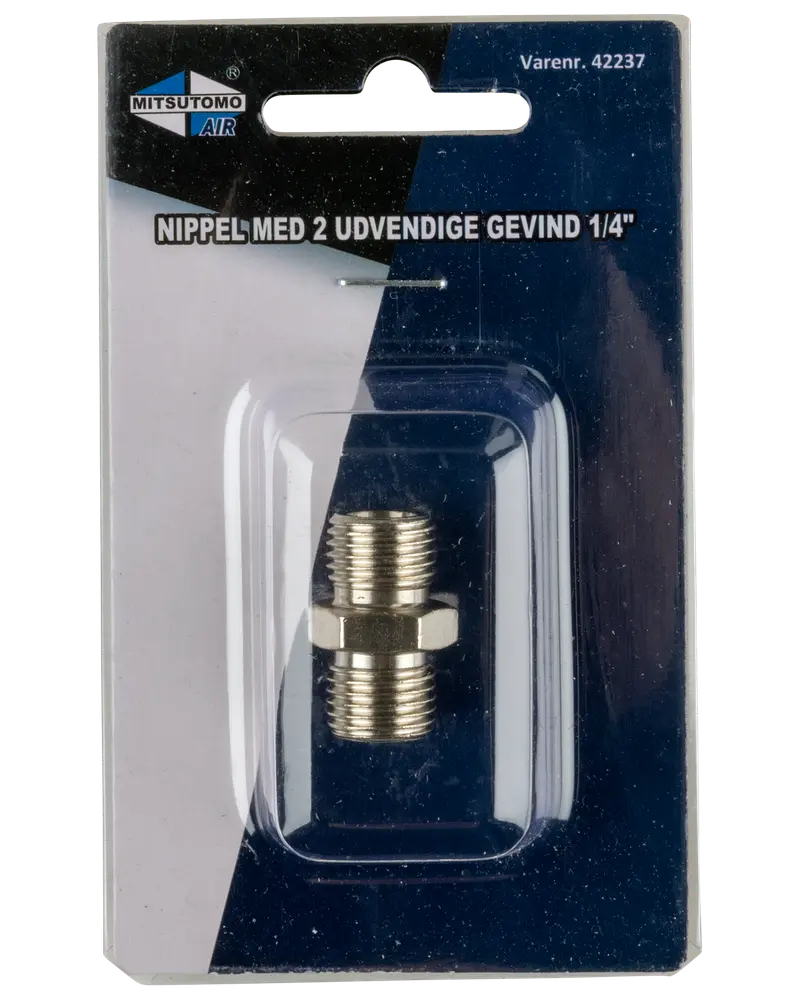 Messingnippel med to udvendige 1/4" gevind, egnet til luftværktøj eller kompressorer. Leveres i klar blisterpakning på Mitsutomo Air-kort.