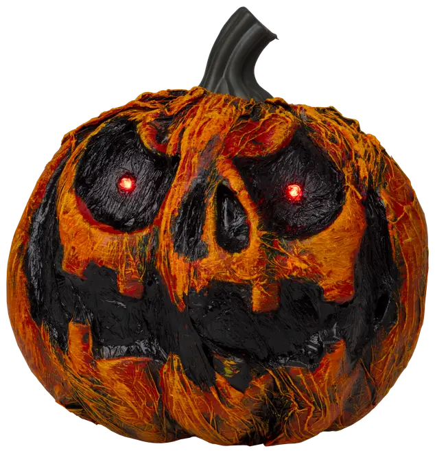 Halloweenpumpa med skrämmande ansikte, lysande röda LED-ögon, texturerad orange och svart yta samt vriden svart stjälk. Passar till läskig dekoration.