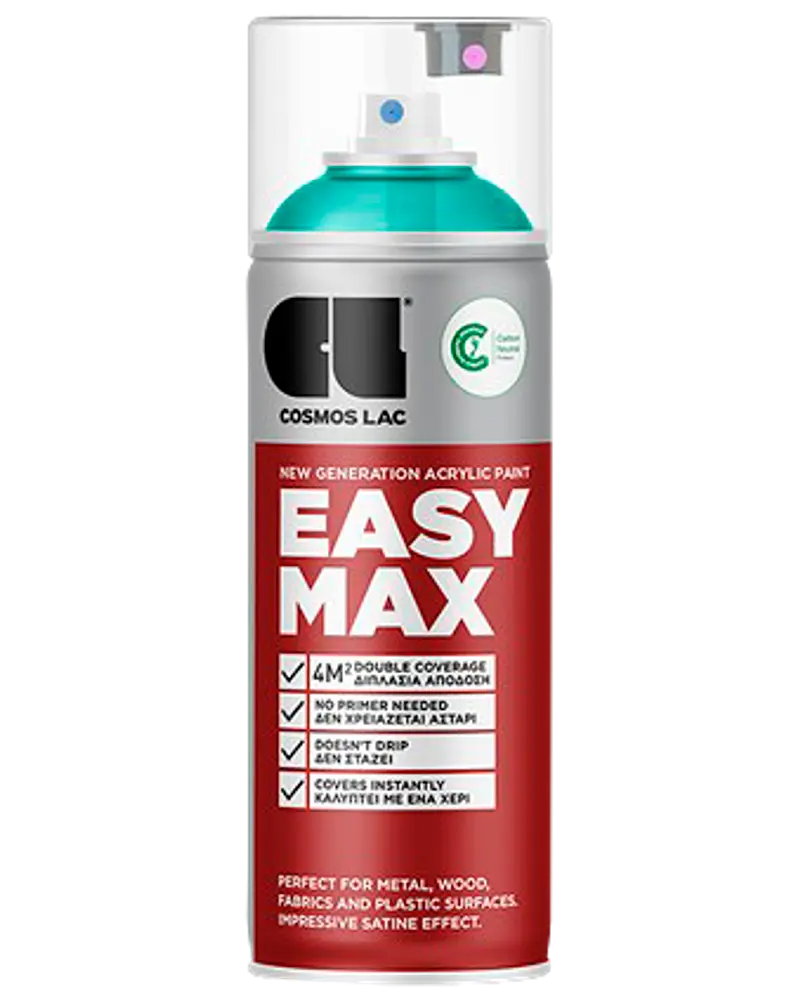 Cosmos Lac Easy Max akrylspraymaling, 400 ml dåse, egnet til metal, træ, stof og plast. Dobbelt dækkeevne, tørrer hurtigt, satin finish. Ingen primer nødvendig.
