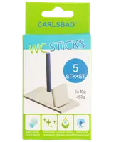 Carlsbad WC Sticks, 5 stk., 10g hver. Toiletpinde til hygiejne, aktivt skum, farver vandet og giver frisk duft. Leveres i grøn og blå æske.