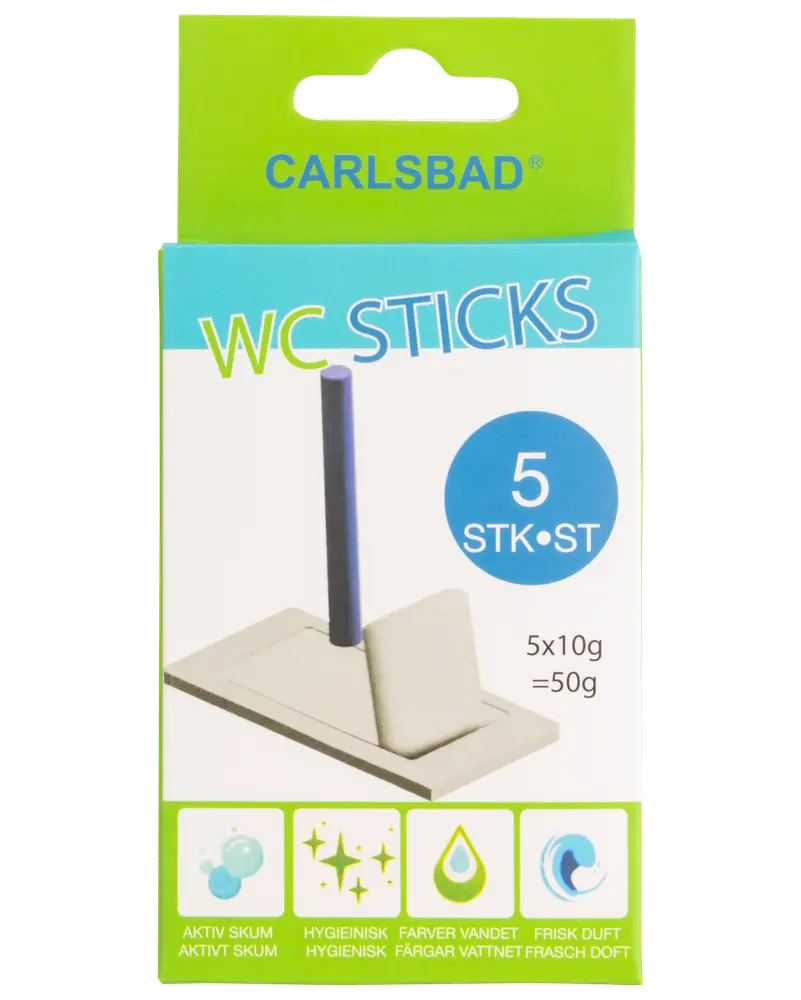 Carlsbad WC Sticks, 5 stk., 10g hver. Toiletpinde til hygiejne, aktivt skum, farver vandet og giver frisk duft. Leveres i grøn og blå æske.
