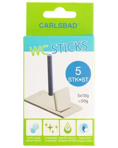 Carlsbad WC Sticks, 5 stk., 10g hver. Toiletpinde til hygiejne, aktivt skum, farver vandet og giver frisk duft. Leveres i grøn og blå æske.