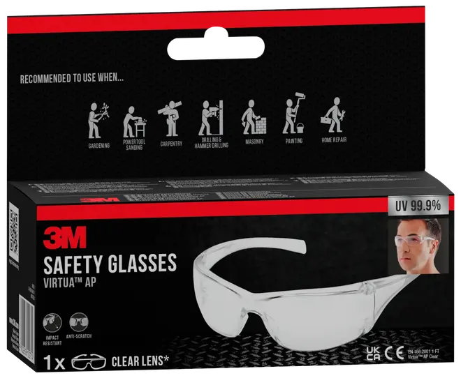 3M Virtua AP sikkerhedsbriller med klare, slagfaste, ridsefaste linser. Giver 99,9% UV-beskyttelse. Let, omsluttende design til opgaver som havearbejde, tømrerarbejde og maling.