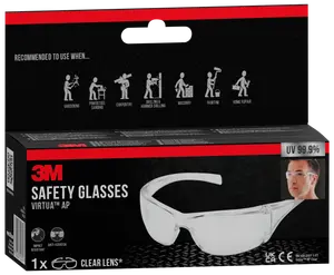 3M Virtua AP sikkerhedsbriller med klare, slagfaste, ridsefaste linser. Giver 99,9% UV-beskyttelse. Let, omsluttende design til opgaver som havearbejde, tømrerarbejde og maling.