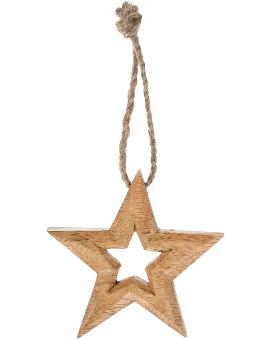 Stjerneformet ornament i træ med udskåret midte, naturfinish og rustik snor til ophængning. Perfekt til jule- eller boligdekoration. Ca. 10 cm bred.