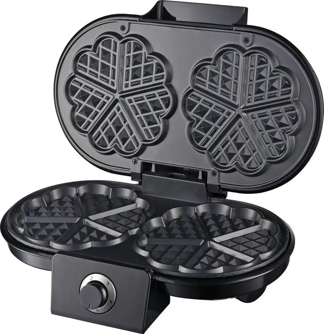 Elektrisk vaffeljern med non-stick plader, laver to runde, hjerteformede vafler ad gangen. Udstyret med justerbar temperaturknap på fronten.