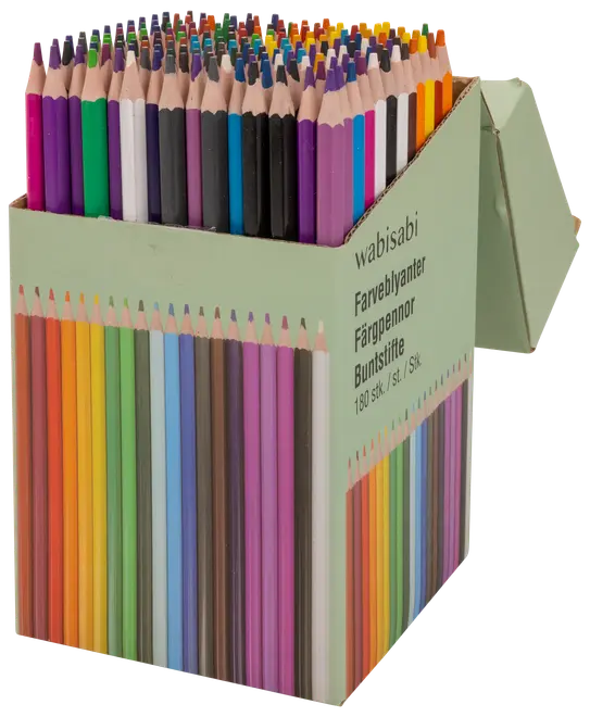 Æske med 180 farveblyanter i forskellige klare farver, pænt arrangeret med spidse ender, pakket i en lysegrøn papæske med billeder af farveblyanter på siderne.