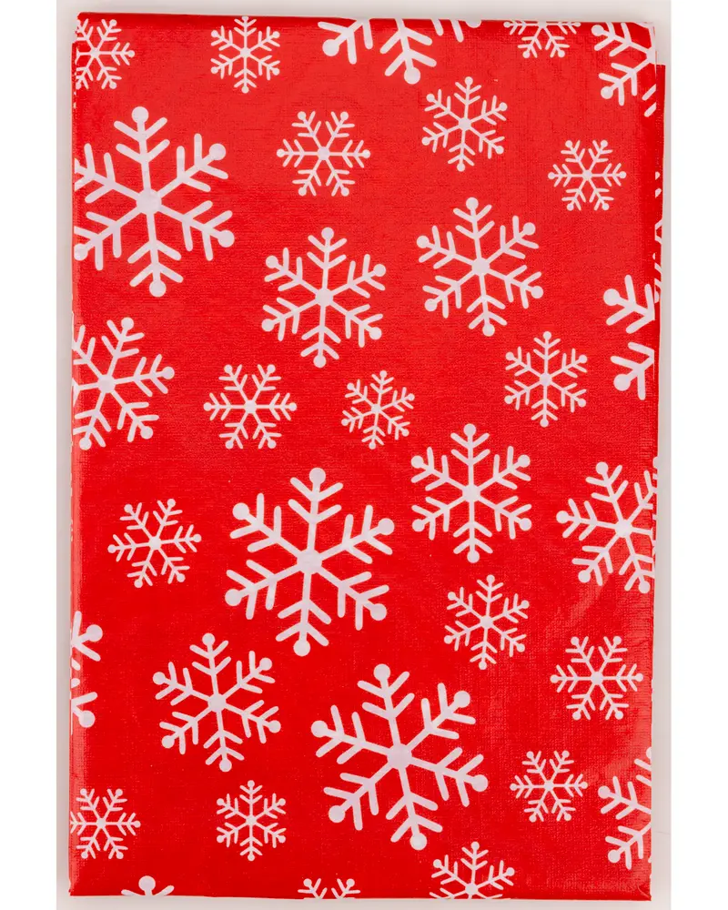 Rött presentpapper med ett festligt mönster av vita snöflingor i olika storlekar. Perfekt för julklappar. Slät, glansig yta förhöjer det färgstarka motivet.