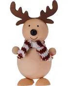Trärenfigur av ren med stora horn, svart nos, leende ansikte och rödvit stickad halsduk. Dekorativ julprydnad med enkel och charmig design.
