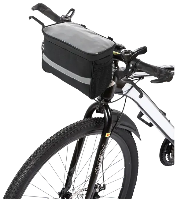 Sort styrtaske til cykel med reflekterende stribe, netlommer på siderne og gennemsigtigt toplåg. Fastgøres sikkert til styret, perfekt til opbevaring af nødvendigheder på turen.