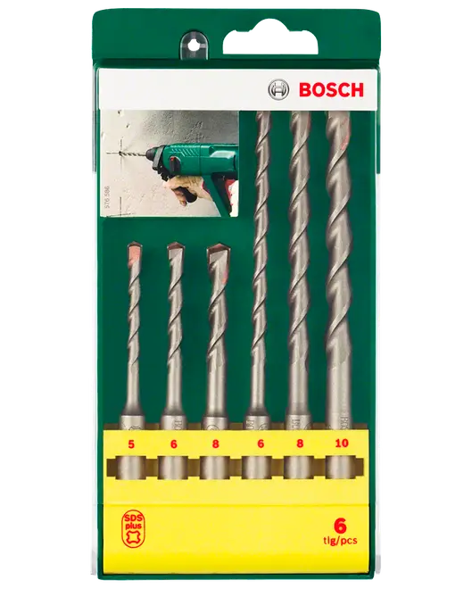 Bosch sexdelat SDS plus murborrset i grön och gul förpackning med sex silverfärgade borrar i storlekarna 5, 6, 8, 6, 8 och 10 mm.