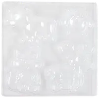 Gennemsigtig plastikform med fire hulrum formet som en bjørn, ugle, ræv og elg. Velegnet til at lave dyreformede chokolader eller slik. Holdbar og genanvendelig.