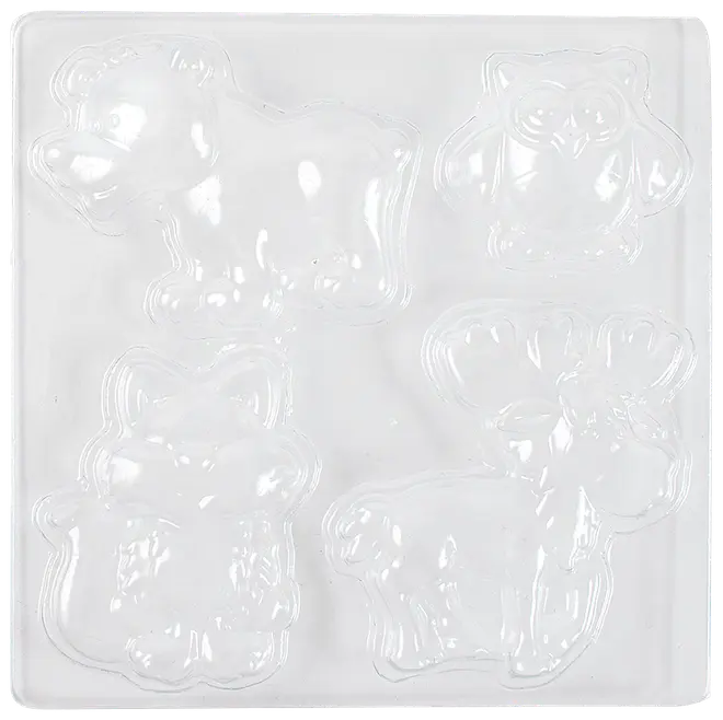 Gennemsigtig plastikform med fire hulrum formet som en bjørn, ugle, ræv og elg. Velegnet til at lave dyreformede chokolader eller slik. Holdbar og genanvendelig.