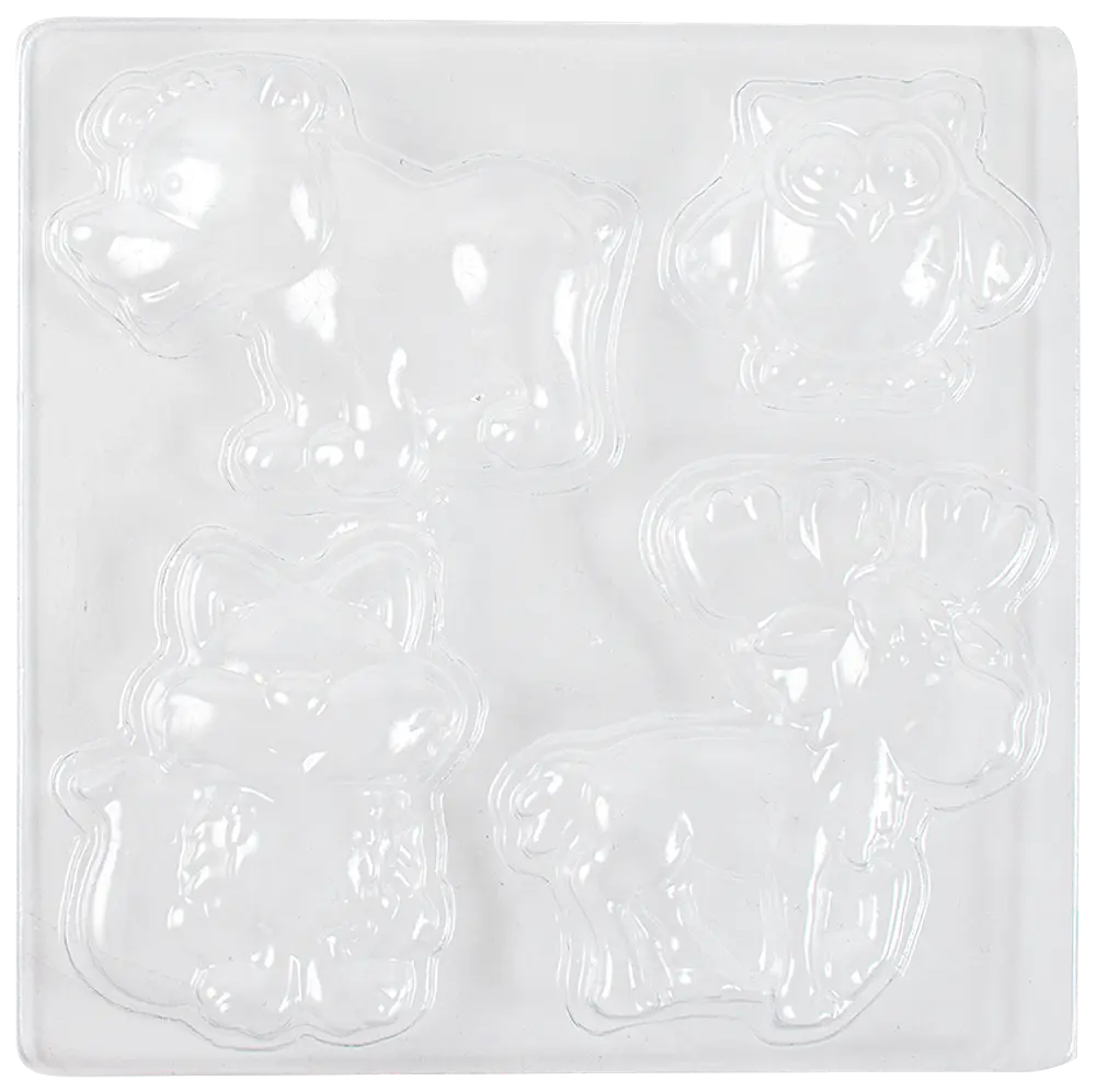 Gennemsigtig plastikform med fire hulrum formet som en bjørn, ugle, ræv og elg. Velegnet til at lave dyreformede chokolader eller slik. Holdbar og genanvendelig.