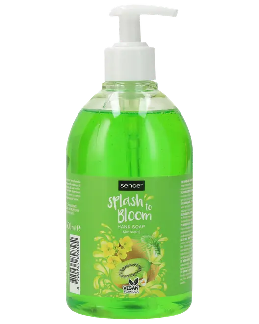 500 ml flaska Sence Splash to Bloom handtvål med kiwidoft. Pump, grön vätska, blommor och kiwi på etiketten, vegansk formula.