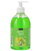 500 ml flaska Sence Splash to Bloom handtvål med kiwidoft. Pump, grön vätska, blommor och kiwi på etiketten, vegansk formula.
