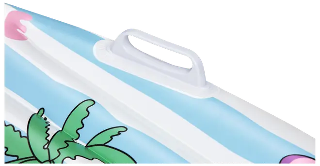 Oppustelig baderinge med blå og hvide striber, palmetrykt motiv og indbygget hvidt plastikhåndtag for nem transport og stabilitet i vandet.