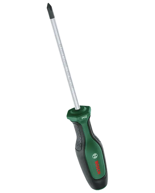 Bosch Phillips-skruetrækker med langt sølvfarvet skaft, grønt og sort ergonomisk håndtag samt PH2-spids.