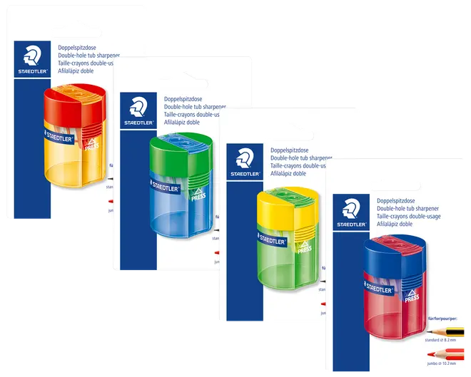 Staedtler dobbelt blyantspidser med beholder i forskellige farver. Hver spidser har gennemsigtig beholder, farvet låg og passer til standard og jumbo blyanter. Leveres i individuel blisterpakning.