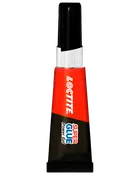 Sort, rød og sølv Loctite Super Glue Power Gel-tube med sort låg og klembar flaske.