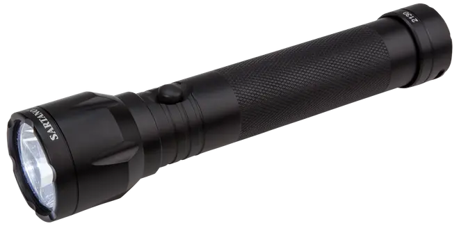 Sort LED-lommelygte med tekstureret greb, trykknap og robust metalkrop. Kompakt design, velegnet til udendørs brug, nødsituationer eller daglig transport. Batterier medfølger ikke.