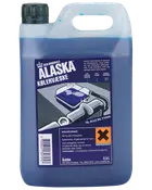 Blå Alaska kølervæske i 2,5 liters plastdunk med håndtag og sort låg, mærket til alle biltyper.