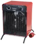 Rød industriel elektrisk varmeblæser, 9 kW, frontpanel med to drejeknapper, beskyttelsesgitter, solide ben og kraftig stikprop til højkapacitetsopvarmning.