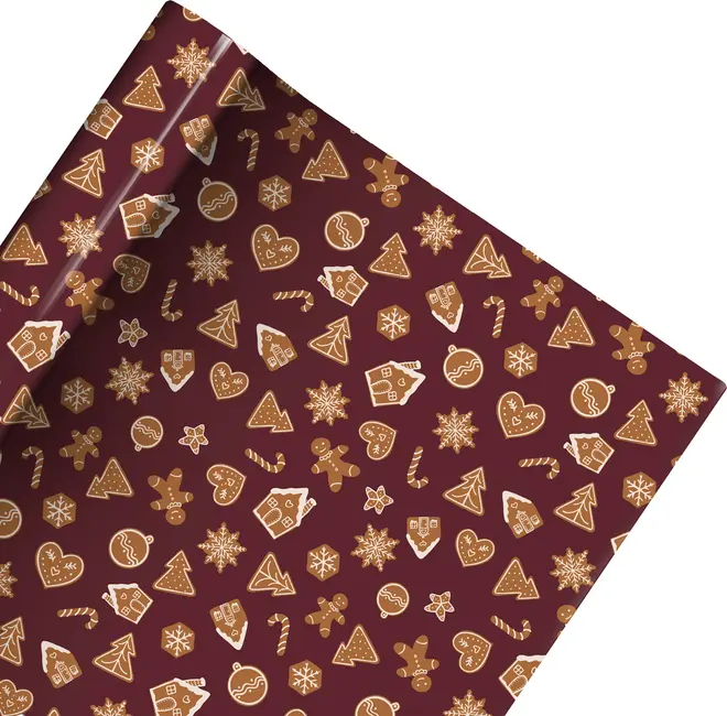 Bordeaux gavepapir med motiver af honningkage, juletræer, huse, hjerter, snefnug, slikstokke og honningkagemænd. Festligt mønster, mat finish, perfekt til julegaver.