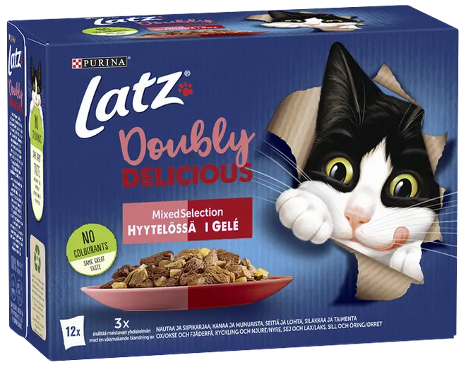 Purina Latz Doubly Delicious kattmat, blandat urval i gelé, 12-pack. Visar en lekfull svartvit katt, inga färgämnen, och en skål med blötmat.