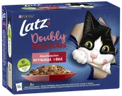 Purina Latz Doubly Delicious kattmat, blandat urval i gelé, 12-pack. Visar en lekfull svartvit katt, inga färgämnen, och en skål med blötmat.