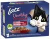 Latz As Good As It Looks kattmat, blandat urval i gelé, 12 portioner med kyckling, torsk, lax och nöt. Förpackningen har en lekfull kattillustration.