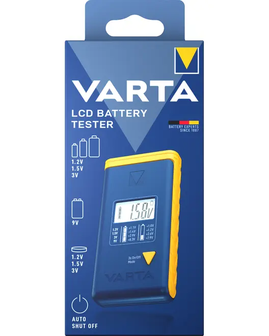 VARTA LCD batteritester i blå og gul, til 1,2V, 1,5V, 3V og 9V batterier, med automatisk slukning.