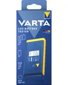 VARTA LCD batteritester i blå og gul, til 1,2V, 1,5V, 3V og 9V batterier, med automatisk slukning.
